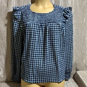 LOFT Top Blouse Stretchy Navy Blue White Size L